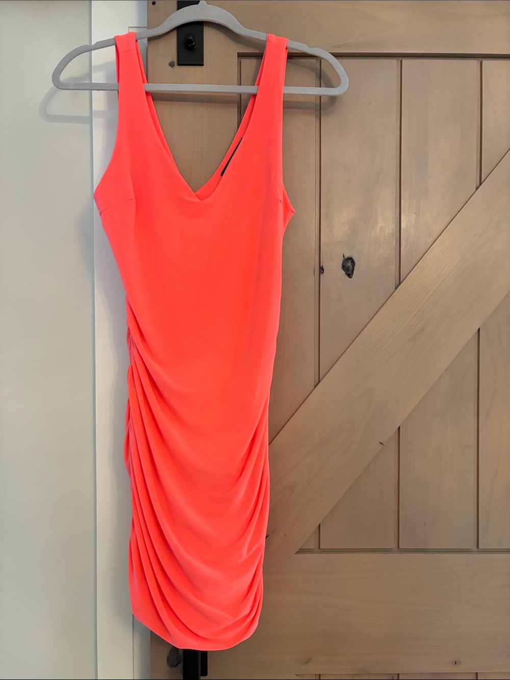Sabora Neon Coral V-Neck Ruched Dress